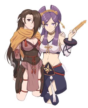2girls absurdres arm_over_shoulder bare_shoulders breasts brown_eyes brown_hair cleavage comb commentary english_commentary fire_emblem fire_emblem_fates hair_bun hair_ornament hair_over_one_eye hair_stick highres japanese_clothes jewelry kagero_(fire_emblem) kaphrin large_breasts long_hair looking_at_viewer midriff multiple_girls ninja nintendo orochi_(fire_emblem) ponytail purple_eyes purple_hair scarf smile yellow_scarf