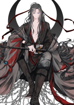 Rule 34 | 1boy, absurdres, ahoge, arm on knee, black boots, black hair, black hanfu, boots, chain, chenqing flute, chinese clothes, closed mouth, coat, collarbone, crescent, crescent moon, dizi, flute, flute tassel, full body, grey coat, grey pants, grey sash, hair down, hair ribbon, half updo, hanfu, highres, holding, holding flute, holding instrument, instrument, invisible chair, knees up, light smile, long hair, long sleeves, looking at viewer, male focus, modao zushi, moon, naruse (kmk648), off shoulder, official alternate costume, official alternate hairstyle, open clothes, open coat, pants, pectoral cleavage, pectorals, purple eyes, red ribbon, red sash, ribbon, robe, sash, simple background, sitting, solo, tassel, transverse flute, vambraces, very long hair, wei wuxian, wei wuxian (yiling laozu), white background, wide sleeves