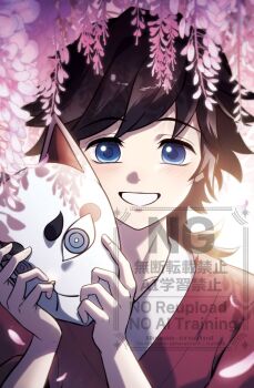 1boy aged_down black_hair child commentary_request fingernails fox_mask grin h_duck hands_up holding holding_mask japanese_clothes kimetsu_no_yaiba kimono korean_commentary long_hair looking_at_viewer low_ponytail male_focus mask ponytail red_kimono smile solo spiked_hair teeth tomioka_giyuu upper_body watermark