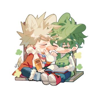 2boys animal_ears bakugou_katsuki bead_necklace beads blonde_hair blue_pants blush boku_no_hero_academia book boots cape chibi chibi_only collared_shirt commentary freckles full_body fur-trimmed_boots fur-trimmed_cape fur_trim furrowed_brow green_eyes green_hair green_vest grey_boots hair_between_eyes hand_on_another's_chin holding_another's_arm jewelry karasu_(milkcube) kemonomimi_mode licking licking_another's_face male_focus midoriya_izuku multiple_boys necklace official_alternate_costume one_eye_closed open_book open_mouth pants pushing_away rabbit_boy rabbit_ears rabbit_tail reading red_cape red_shoes shirt shoes sitting symbol-only_commentary tail tail_wagging tears vest waistcoat white_background white_shirt wolf_boy wolf_ears wolf_tail yaoi