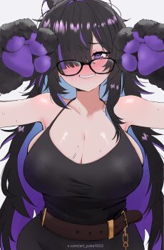 1girl absurdres animal_hands belt black_dress black_hair blush breasts brown_belt cleavage colored_inner_hair commentary dress glasses gloves goddess_of_victory:_nikke highres huge_breasts label_(nikke) long_hair looking_at_viewer messy_hair multicolored_hair paw_gloves purple_eyes purple_hair simple_background solo very_long_hair white_background yuka_1503