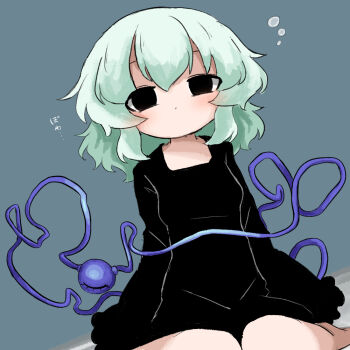Rule 34 | 1girl, alternate costume, black dress, black eyes, blue background, blush, breasts, commentary request, dress, dutch angle, fluffy hair, from below, green hair, heripantomorrow, komeiji koishi, long sleeves, looking at viewer, medium hair, seiza, sitting, small breasts, squeans, third eye, touhou