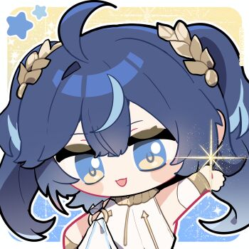 Rule 34 | 1girl, aged down, ahoge, arm up, blue eyes, blue hair, border, bracelet, chibi, chibi only, chinese commentary, commentary request, highres, iuno (wuthering waves), jewelry, kyou 039, laurel crown, long hair, looking at viewer, multicolored hair, open mouth, shirt, smile, solo, streaked hair, twintails, twitter username, upper body, white border, white shirt, wuthering waves, yellow background