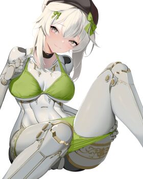 1girl absurdres android bikini blush bow breasts cleavage commentary_request commission girls'_frontline girls'_frontline_2:_exilium green_bikini green_bow hair_between_eyes hair_bow hand_on_own_thigh hat highres ksvk_(girls'_frontline) leaning_forward looking_at_viewer mechabare mechanical_arms mechanical_legs medium_breasts medium_hair navel pink_eyes sidelocks skeb_commission smile solo swimsuit white_background white_hair yanagui_yugi