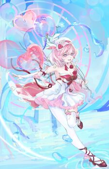 1girl absurdres balloon beret blue_sky breasts cleavage commentary_request diamond-shaped_pupils diamond_(shape) dress elysia_(hi_love_elf)_(honkai_impact) elysia_(honkai_impact) ferris_wheel hat highres holding holding_balloon honkai_(series) honkai_impact_3rd large_breasts multicolored_hair pink_hair popoko_n purple_eyes short_hair sky smile solo symbol-shaped_pupils thighhighs two-tone_hair wading white_dress white_hair white_thighhighs