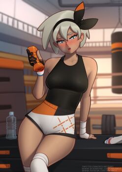 1girl bandaged_hand bandages bare_shoulders bea_(pokemon) black_hairband black_tank_top blush bottle breasts breasts_apart breath collarbone commentary double-parted_bangs dumbbell english_commentary eyeshadow gloves grey_eyes grey_hair gym hair_between_eyes hairband half-closed_eyes holding holding_dumbbell knee_pads leaning_on_object lipstick looking_at_viewer makeup nintendo open_mouth paid_reward_available partially_fingerless_gloves pokemon pokemon_swsh punching_bag red_lips roncostar shirt short_hair short_shorts shorts single_glove sleeveless sleeveless_shirt small_breasts solo sportswear sweat tank_top thick_thighs thighs tight_clothes water_bottle watermark web_address wide_hips wristband