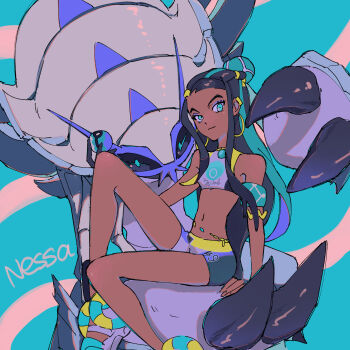 aqua_eyes aqua_hair black_hair dark-skinned_female dark_skin gen_7_pokemon golisopod highres long_hair multicolored_hair navel nessa_(pokemon) nintendo pokemon pokemon_(creature) pokemon_swsh shorts swimsuit two-tone_hair zumu_(quw87)