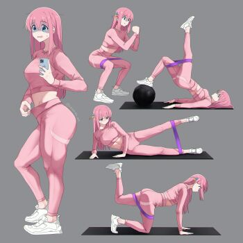 1girl absurdres ass blue_eyes bocchi_the_rock! breasts cube_hair_ornament exercising gotoh_hitori grey_background hair_ornament highres holding holding_phone inkspirate leg_up medium_breasts multiple_views nervous one_side_up pants phone pink_hair pink_pants shoes side_ahoge simple_background sneakers squatting stretching sweatdrop taking_picture white_footwear yoga_pants