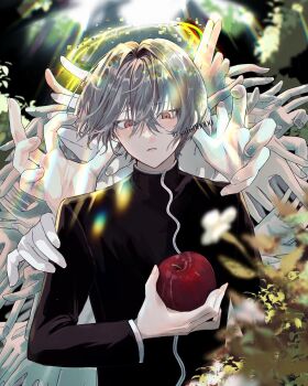 1boy apple black_jacket blurry blurry_foreground brown_eyes commentary_request crossed_bangs food fruit grey_hair hair_between_eyes halo highres holding holding_food holding_fruit jacket lens_flare long_sleeves looking_at_viewer male_focus original parted_lips sahi00000 short_hair solo surrounded_by_hands upper_body yellow_halo