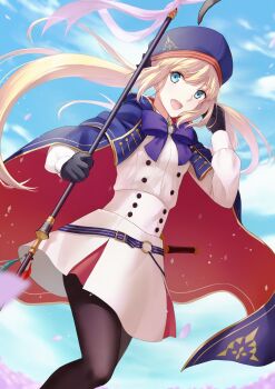 Rule 34 | 1girl, artoria caster (fate), artoria pendragon (fate), belt, beret, black gloves, blonde hair, blue belt, blue cloak, blue eyes, blue hat, blue sky, bow, bowtie, breasts, brown pantyhose, buttons, cherry blossoms, cloak, cloud, cloudy sky, commentary request, cowboy shot, day, dress, fate/grand order, fate (series), floating clothes, floating hair, gem, gloves, hair between eyes, hand on own head, hands up, hat, highres, holding, holding polearm, holding weapon, jewelry, lapels, long hair, long sleeves, looking at viewer, medium breasts, open mouth, outdoors, pantyhose, pendant, petals, polearm, puffy long sleeves, puffy sleeves, purple bow, purple bowtie, purple gem, red cloak, rune (rne at), sidelocks, sky, smile, solo, spear, staff of selection (fate), standing, striped belt, teeth, tongue, twintails, two-sided cloak, two-sided fabric, weapon, white dress