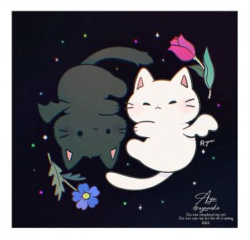:< animal animal_focus ayu_(mog) black_background black_cat blue_flower border cat closed_eyes closed_mouth commentary dated dot_nose english_commentary flower highres no_humans original pink_flower pink_tulip solid_circle_eyes tulip twitter_username watermark whiskers white_border white_cat yin_yang