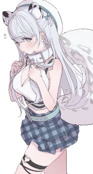 1girl :t absurdres bare_arms bare_shoulders belt blue_eyes blue_skirt bra_strap breasts cleavage cleavage_cutout clothing_cutout collar crop_top extra_ears hands_up hat heart heart_cutout heart_in_eye heart_o-ring high-waist_skirt highres holding holding_own_hair indie_virtual_youtuber karya large_breasts long_hair looking_at_viewer loose_belt midriff mole mole_under_eye o-ring plaid_clothes plaid_skirt ren_kohaku_(vtuber) second-party_source shirt skirt sleeveless sleeveless_shirt snow_leopard_ears snow_leopard_girl snow_leopard_tail solo symbol_in_eye tail_raised thigh_strap thighs unmoving_pattern virtual_youtuber white_collar white_hair white_hat white_shirt