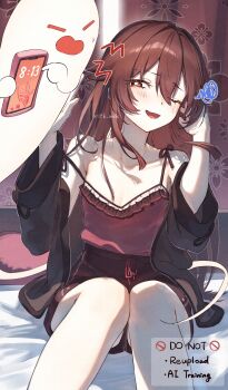 1girl 1other absurdres adjusting_hair alternate_hairstyle bare_shoulders black_jacket blush boo_tao_(genshin_impact) breasts brown_hair brown_shorts cellphone commentary_request flower-shaped_pupils genshin_impact hair_between_eyes hair_down highres holding holding_phone hu_tao_(genshin_impact) imasaki_kei jacket long_hair long_sleeves medium_breasts off_shoulder one_eye_closed open_mouth phone red_eyes red_shirt shirt shorts smartphone smile symbol-shaped_pupils very_long_hair