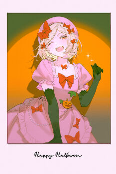1girl :d beret black_gloves blonde_hair bob_cut bow cowboy_shot dress dress_bow elbow_gloves frilled_dress frilled_sleeves frills gloves hair_bow happy_halloween hat hat_bow jewelry lambdadelta looking_to_the_side necklace one_eye_closed open_mouth pearl_necklace pink_dress polaroid_photo puffy_sleeves red_bow red_eyes smile solo umineko_no_naku_koro_ni vienri