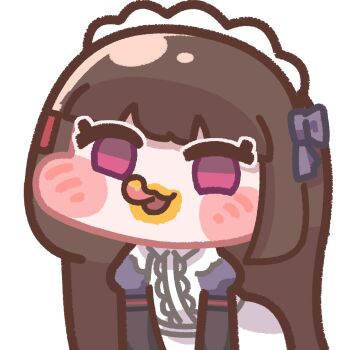 1girl blush_stickers brown_hair chibi chibi_only commentary_request highres korean_commentary last_origin licking_lips long_hair long_sleeves looking_at_viewer maid maid_headdress messy_eater metalp purple_eyes scissors_lise smile solo tongue tongue_out transparent_background very_long_hair