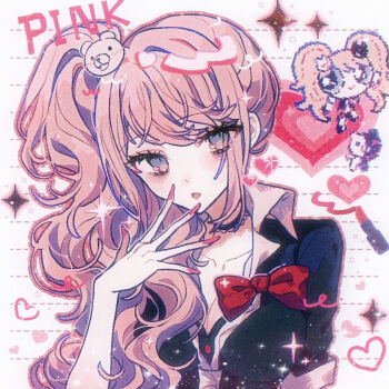 1girl alternate_hair_color bear_hair_ornament black_shirt blonde_hair blue_eyes bow breasts chibi choker cleavage collarbone commentary cosmetics danganronpa:_trigger_happy_havoc danganronpa_(series) enoshima_junko eyelashes hair_ornament heart highres lipstick_tube long_hair looking_at_viewer monokuma nail_polish open_mouth pink_hair pixel_art powerpuff_girls_(style) red_bow red_nails shirt shirt_bow side_ponytail sleeves_rolled_up solo sparkle upper_body user_jxyx4535