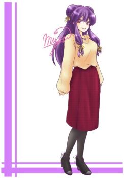 1girl alternate_costume double_bun hair_bun highres long_hair open_mouth pink_eyes purple_hair ranma_1/2 shampoo_(ranma_1/2) sidelocks skirt