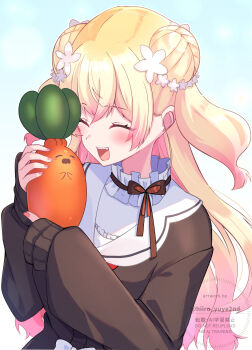 1girl blonde_hair blush bow bowtie brown_bow brown_bowtie brown_cardigan cardigan closed_eyes collar commentary_request crossed_bangs double_bun facing_another flower frilled_collar frills gradient-tinted_eyewear gradient_hair hair_bun hair_flower hair_ornament highres hiiro_yuya hololive long_hair long_sleeves momosuzu_nene momosuzu_nene_(casual) multicolored_hair nail_polish nekko_(momosuzu_nene) official_alternate_costume open_mouth pink_hair pink_nails sailor_collar sidelocks smile tinted_eyewear two_side_up upper_body virtual_youtuber watermark white_sailor_collar