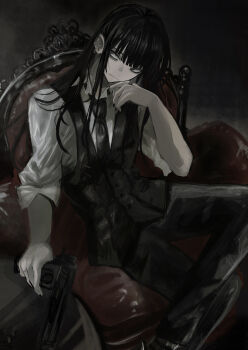Rule 34 | 1boy, absurdres, akai ringo (eveyuno), androgynous, armchair, bags under eyes, black hair, black nails, black necktie, black pants, black vest, blunt bangs, chair, closed mouth, commentary, crossed legs, earrings, grey eyes, gun, handgun, head tilt, highres, holding, holding gun, holding weapon, jewelry, long hair, male focus, necktie, original, pale skin, pants, ring, shirt, sitting, sleeves rolled up, solo, trap, vest, weapon, white shirt