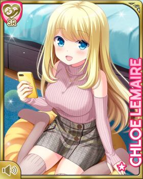 1girl bedroom blonde_hair blue_eyes breasts brown_gloves brown_shorts brown_thighhighs card character_name chloe_lemaire elbow_gloves girlfriend_(kari) gloves long_hair medium_breasts official_art open_mouth pink_sweater qp:flapper shorts sitting smile solo sweater tagme thighhighs wooden_floor