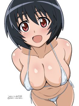 1girl absurdres arms_behind_back bikini black_hair blush brave_witches breasts feet_out_of_frame happy highres large_breasts looking_at_viewer navel open_mouth red_eyes shimohara_sadako short_hair simple_background solo standing swimsuit unkai_daraku white_background white_bikini world_witches_series