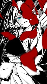 Rule 34 | 1girl, archery, artist name, blue eyes, blurry, blurry foreground, bow (weapon), commentary, flower, flower over eye, greyscale, hand up, hatsune miku, highres, holding, holding bow (weapon), holding weapon, index finger raised, japanese clothes, kimono, kyuudou, long hair, manimani (vocaloid), monochrome, muneate, open mouth, petals, red flower, ringo no usagi, simple background, smile, solo, spot color, tearing up, twintails, upper body, v-shaped eyebrows, vocaloid, weapon