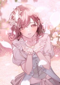 1girl brown_eyes brown_hair commentary_request dress earrings falling_petals flower hair_flower hair_ornament highres jewelry kizu_darake_no_te_de_watashi-tachi_wa_(project_sekai) kkochmeli korean_commentary leaf_hair_ornament nature official_alternate_costume official_alternate_hairstyle outdoors petals pink_theme project_sekai puffy_short_sleeves puffy_sleeves ring shinonome_ena short_hair short_sleeves solo solo_focus upper_body