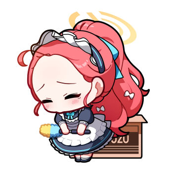 1girl ahoge apron black_dress black_footwear blue_archive blue_ribbon blush bow bowing box cardboard_box chibi closed_eyes dress duster feather_duster forehead frilled_apron frills hair_bow hair_ribbon halo high_ponytail highres holding leaning_forward long_hair maid_apron neck_ribbon ponytail puffy_short_sleeves puffy_sleeves raised_eyebrows ribbon short_sleeves socks solo uz_(uzru0428) very_long_hair white_apron white_bow white_socks yellow_halo yuzu_(blue_archive) yuzu_(maid)_(blue_archive)