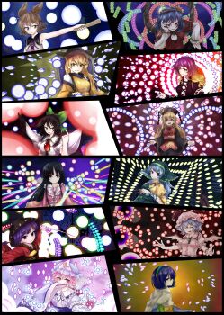 6+girls absurdres apron armband autumn_leaves bat_wings black_collar black_dress black_hair black_hat black_skirt black_wings blonde_hair blue_hair blue_hat blue_kimono blue_ribbon bow bowl bowl_hat bowtie breasts brown_eyes brown_hair bug butterfly buttons cape chair chest_jewel closed_mouth collar collared_dress collared_shirt constellation constellation_print creepingbarrett crystal curly_hair danmaku demon_wings detached_sleeves dress earmuffs energy fan_over_face fang fang_out feathered_wings floral_print frilled_headwear frilled_kimono frilled_shirt frilled_sleeves frilled_wrist_cuffs frills full_moon gem gradient_hair green_apron green_gemstone green_ribbon hair_between_eyes hair_ears hair_ornament hair_ribbon hairband hand_fan hand_on_own_face hand_on_own_leg haniyasushin_keiki hat hat_ribbon headscarf highres hijiri_byakuren hime_cut holding holding_needle holding_tool holding_weapon houraisan_kaguya index_finger_raised insect japanese_clothes jewelry juliet_sleeves junko_(touhou) kimono kunai layered_clothes layered_dress layered_shirt layered_sleeves leaf leaf_hair_ornament leaf_on_head long_hair long_skirt long_sleeves magatama magatama_necklace matara_okina medium_hair mirror mob_cap moon moon_print multicolored_background multicolored_dress multicolored_hair multiple_girls neck_ribbon necklace needle night ofuda outstretched_arm patchwork_clothes phoenix_crown pink_shirt pom_pom_(clothes) puffy_long_sleeves puffy_short_sleeves puffy_sleeves purple_bow purple_hair rainbow rainbow_gradient rainbow_hairband red_eyes red_kimono red_ribbon red_tabard reiuji_utsuho remilia_scarlet ribbon ritual_baton rope rope_necklace saigyouji_yuyuko serious shirt short_sleeves shouji sitting skirt sky sleeveless sleeves_past_wrists sliding_doors slit_pupils smile spell_card stage_connection star_(sky) starry_sky sukuna_shinmyoumaru sun sunset sweater tabard tenkyuu_chimata third_eye tools torn_clothes torn_ribbon touhou toyosatomimi_no_miko triangular_headpiece turtleneck veil very_long_hair waist_ribbon weapon white_armband white_cape white_ribbon white_shirt white_sweater white_veil wide_sleeves wings wrist_cuffs wristband yasaka_kanako yellow_bow yellow_eyes yellow_shirt yellow_sleeves yellow_tabard zipper zipper_dress