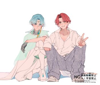 Rule 34 | 2boys, aoi tete, black gloves, boots, cloak, closed mouth, collarbone, cure connect, denim, earrings, forehead jewel, freckles, gloves, green cloak, green hair, hair ornament, half gloves, hand on own knee, hibiki kaito, highres, hood, hooded cloak, hoop earrings, jeans, jewelry, kimi to idol precure, kneeling, long hair, long sleeves, low-tied long hair, mature male, multiple boys, multiple earrings, neck, pants, parted bangs, precure, red hair, sakuma daisuke, shirt, shoes, short hair, sleeveless, sneakers, snow man (jpop), spread legs, twitter username, v, voice actor, watermark, white background, white shirt, wing hair ornament