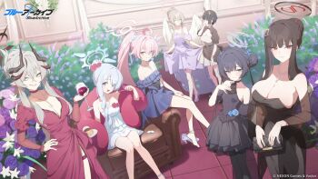 6+girls alternate_costume alternate_hairstyle angel_wings anklet bad_source bag ballroom bare_shoulders black_hair black_halo black_leggings blue_archive blue_eyes breasts bright_pupils chair cherino_(blue_archive) choker cleavage closed_eyes closed_mouth cocktail_dress copyright_name cup double_bun dress drinking_glass fake_facial_hair fake_mustache feathered_wings flower food grey_halo grin hair_bun hair_flower hair_ornament halo halterneck heterochromia high_heels highres holding holding_bag holding_spoon hoshino_(blue_archive) jewelry kisaki_(blue_archive) large_breasts leggings long_hair looking_at_viewer lounge_chair makoto_(blue_archive) multicolored_halo multiple_girls nagisa_(blue_archive) necklace niya_(blue_archive) official_art pink_halo ponytail pudding red_eyes rio_(blue_archive) rose screencap single_bare_foot sitting skirt_hold small_breasts smile spoon standing thigh_strap trait_connection two-tone_halo watermark white_pupils white_wings wine_glass wings yellow_eyes