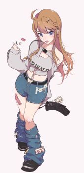 Rule 34 | 1girl, ahoge, black hair, black shoes, blue eyes, breasts, brown hair, commentary request, denim, denim leg warmers, denim shorts, earrings, facial mark, full body, grey shirt, hair ornament, hairclip, heart, heart facial mark, heart necklace, highres, hodoyoi, idolmaster, idolmaster million live!, jewelry, leg tattoo, leg warmers, long hair, long sleeves, looking at viewer, midriff, necklace, open mouth, shirt, shoes, shorts, simple background, sleeves past wrists, solo, tattoo, thighhighs, tokoro megumi, white background, x hair ornament