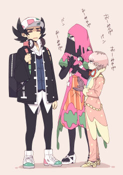 Rule 34 | 3boys, absurdres, arms up, atticus (pokemon), backpack, bag, baseball cap, black gloves, black hat, black jacket, black pants, closed eyes, coat, collared shirt, commentary request, covered mouth, dress shoes, fingerless gloves, frilled sleeves, frills, full body, giacomo (pokemon), gloves, hat, headphones, headphones around neck, highres, jacket, lapels, looking at another, looking to the side, male focus, mask, multicolored pants, multiple boys, nintendo, one eye covered, open clothes, open collar, open jacket, open mouth, ortega (pokemon), pants, pink coat, pink hair, pink pants, pokemon, pokemon sv, shirt, shoes, short hair, simple background, sneakers, standing, suzukinoko1021, translation request, white background, white hat, white shirt