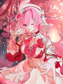 Rule 34 | 1girl, beret, breasts, chinese commentary, commentary request, dress, earrings, elf, elysia (hi love elf) (honkai impact), elysia (honkai impact), gloves, hat, heart, heart earrings, highres, honkai (series), honkai impact 3rd, jewelry, large breasts, long hair, looking at viewer, multicolored hair, ng dui (1615031734), pink hair, pointy ears, purple eyes, reaching, reaching towards viewer, single glove, smile, solo, two-tone hair, very long hair, white dress, white gloves, white hair