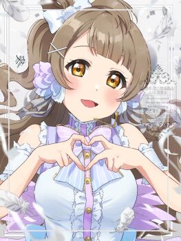 Rule 34 | 1girl, absurdres, ahoge, birthday, blush, breasts, brown hair, commentary request, feathers, highres, kyaku tasu, long hair, looking at viewer, love live!, love live! school idol festival, love live! school idol project, medium breasts, minami kotori, one side up, signature, solo, twitter username, upper body, white background, white day (love live!), white feathers, yellow eyes