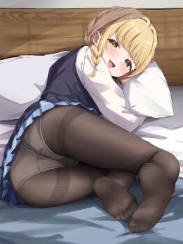 1girl absurdres ass blonde_hair blue_skirt blush braid brown_pantyhose commentary_request crotch_seam feet from_behind fujita_kotone full_body gakuen_idolmaster hatsuboshi_gakuen_school_uniform highres idolmaster indoors looking_at_viewer lying minazuki_(uraha246) no_shoes on_side panties panties_under_pantyhose pantyhose school_uniform shirt skirt skirt_set smile soles solo thighband_pantyhose toes underwear white_panties white_shirt yellow_eyes