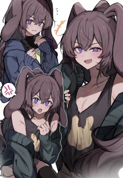 +++ 1boy anger_vein animal_ears black_tank_top black_thighhighs blush brown_hair brown_shorts cardigan collarbone green_cardigan highres imamiya_pinoko long_hair looking_at_viewer male_focus open_cardigan open_clothes open_mouth original parted_lips ponytail purple_eyes rabbit_boy rabbit_ears shorts simple_background smug solo speech_bubble spoken_anger_vein tank_top thick_eyebrows thighhighs trap white_background