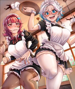 2girls :d absurdres alternate_costume apron black_dress blue_eyes blue_hair blurry blurry_background blush breasts brown_pantyhose charlotte_(dilan_griz) choppy_bangs cigarette coffee cowboy_shot cup curvy dilan_griz dress ear_piercing earrings enmaided frilled_apron frills glasses gradient_hair hair_ornament hand_up highres holding holding_tray indoors jewelry kat_(dilan_griz) large_breasts looking_at_viewer maid maid_apron maid_headdress medium_breasts medium_hair mouth_hold multicolored_hair multiple_girls nose open_mouth original pantyhose parted_hair piercing puffy_short_sleeves puffy_sleeves red_eyes red_hair short_hair short_sleeves skindentation smile spanish_commentary spilling standing standing_on_one_leg stud_earrings sweat teeth_hold thick_thighs thighband_pantyhose thighhighs thighs tongue tray white_apron white_hair white_headdress white_thighhighs