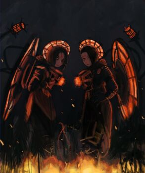 2girls artist_name asymmetrical_bangs black_choker black_gloves chain choker cinders cloud_ruan99543 commentary core dual_persona duchess_astro_toilet english_commentary facial_mark fire forehead_mark fur_trim giant giantess gloves glowing glowing_chain glowing_chest glowing_weapon halo holding holding_chain holding_weapon iron_halo light_smile looking_at_viewer multiple_girls red_eyes red_hair red_halo ruins skibidi_toilet_(series) smile tendrils_from_back weapon