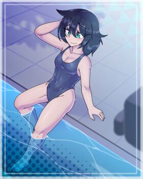 1girl absurdres arm_at_side arm_behind_head arm_up black_hair blue_one-piece_swimsuit breasts cleavage closed_mouth collarbone covered_navel dot_nose eyebrows eyelashes female_focus fingernails from_above full_body green_eyes highres kuroki_tomoko long_hair looking_down one-piece_swimsuit outdoors petite pool scuttlefish sitting small_breasts smile solo swimsuit toenails watashi_ga_motenai_no_wa_dou_kangaetemo_omaera_ga_warui! water