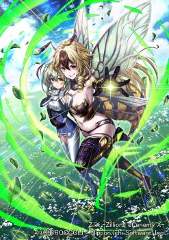 Rule 34 | 2girls, abdomen tail, antennae, armor, armpits, arthropod girl, bee girl, bikini armor, black boots, black gloves, black hair, blonde hair, blue sky, bodysuit, boots, breasts, carrying, clenched teeth, closed mouth, cloud, cloudy sky, copyright notice, curly hair, domeki kisara, elbow gloves, gloves, green hair, hair between eyes, insect girl, insect wings, large breasts, leaf, meadow, mikaxruno, multicolored hair, multiple girls, navel, official art, outdoors, red eyes, revealing clothes, sky, smile, teeth, thigh boots, twintails, vesparose, wings, z/x