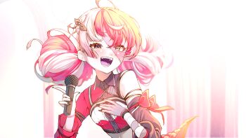 Rule 34 | 1girl, :d, absurdres, asymmetrical clothes, black nails, blush, breasts, colored skin, commentary, crop top, detached sleeves, double bun, earrings, english commentary, green eyes, hair bun, hand on own chest, happy, heterochromia, highres, holding, holding microphone, hololive, hololive idol uniform (color rise), hololive indonesia, jewelry, kghazir, kureiji ollie, long hair, microphone, midriff, mismatched pupils, multicolored eyes, multicolored hair, multicolored skin, nail polish, open mouth, red eyes, red hair, single bare shoulder, single detached sleeve, single sleeve, small breasts, smile, solo, square pupils, stitched face, stitches, streaked hair, symbol-shaped pupils, upper body, virtual youtuber, white hair, wristband, x-shaped pupils