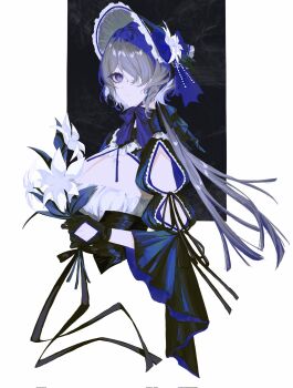 1girl arknights black_background black_gloves blank_eyes blue_bonnet bonnet border breasts cleavage clothing_cutout commentary cropped_torso expressionless eyepatch flower from_side glove_cutout gloves grey_hair hair_flower hair_ornament hair_over_one_eye highres holding holding_flower large_breasts looking_at_viewer looking_to_the_side low_ponytail nate71762013 one_eye_covered outside_border ponytail purple_eyes sleeve_cuffs solo whisperain_(arknights) white_border white_flower wide_sleeves