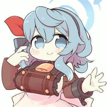 1girl ako_(blue_archive) apron black_hairband blue_archive blue_eyes blue_hair blush_stickers breasts broken broken_chain brown_shirt brown_sleeves chain chibi closed_mouth cuffs detached_sleeves hairband halo large_breasts long_hair long_sleeves looking_at_viewer miranofuudoria plaid_clothes plaid_shirt shirt sideboob simple_background smile solo white_apron white_background