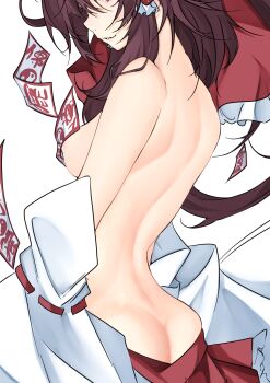 1girl absurdres ass back bow breasts brown_hair clothes_pull commentary_request detached_sleeves frilled_bow frilled_hair_tubes frills hair_bow hair_tubes hakurei_reimu highres long_hair medium_breasts nipples no_panties ofuda red_bow red_eyes red_skirt ribbon-trimmed_sleeves ribbon_trim simple_background skirt skirt_pull smile solo topless_female touhou unanooo_(fthx7532) white_background