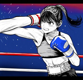 Rule 34 | 1girl, 1other, abs, blue background, blue gloves, boxing, boxing gloves, boxing ring, boxing shorts, breasts, commentary request, flying sweatdrops, gloves, gradient background, hatching (texture), high ponytail, highres, lee (dragon garou), letterboxed, linear hatching, medium breasts, midriff, mouth hold, original, partially colored, ponytail, punching, shorts, sweat, toned, toned female, very sweaty