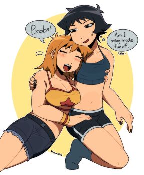 2girls black_eyes black_hair blush breast_envy breasts cleavage closed_eyes commentary crop_top english_commentary english_text flat_chest genderswap genderswap_(mtf) hand_on_another&#039;s_chest highres jitome large_breasts leaning_on_person looking_down medium_hair midriff multiple_girls navel open_mouth sanpaku scott_pilgrim scott_pilgrim_(series) short_hair shorts smile socks speech_bubble sports_bra sweatdrop tomboy wallace_wells warambling yuri