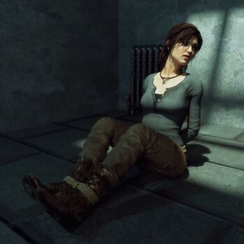 1girl 3d arms_behind_back bdsm bondage bound bound_ankles breasts brown_eyes brown_hair iorel-renders jewelry lara_croft necklace rope tomb_raider