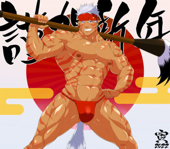1boy 2022 abs artist_name bara biceps bodybuilder bulge cyuss_warren ear_piercing earrings fundoshi hand_on_own_hip headband japanese_clothes jewelry karakuraax large_pectorals looking_at_viewer male_focus male_underwear manly muscular muscular_arms muscular_legs muscular_male navel new_year nipples no_pants original pectorals piercing red_male_underwear scar short_hair smile solo spiked_hair star_ocean star_ocean:_first_departure tail text_focus thick_eyebrows thighs thong tiger_stripes topless_male underwear veins veiny_arms white_eyes white_hair