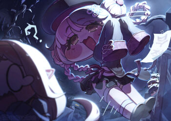 0_0 5girls :3 ? barong_(trickcal) black_hair black_shoes black_skirt blurry blurry_foreground blush_stickers braid braided_hair_rings china_dress chinese_clothes commentary_request covered_navel double_bun dress dutch_angle film_grain fleeing floating_hair hair_bun hair_ornament hair_rings hat hiding jiangshi_costume jumping korean_commentary kuruinuchan long_hair maison_(trickcal) mask mask_on_head miniskirt multicolored_hair multiple_girls night open_mouth outdoors outstretched_arms pelvic_curtain pink_hair pointy_ears purple_hair qingdai_guanmao rohne_(trickcal) sari_(trickcal) scared shoes skirt sleeves_past_fingers sleeves_past_wrists smile sweat thigh_strap trickcal twitter_username two-tone_hair veroo_(trickcal) very_long_sleeves yellow_eyes zombie_pose